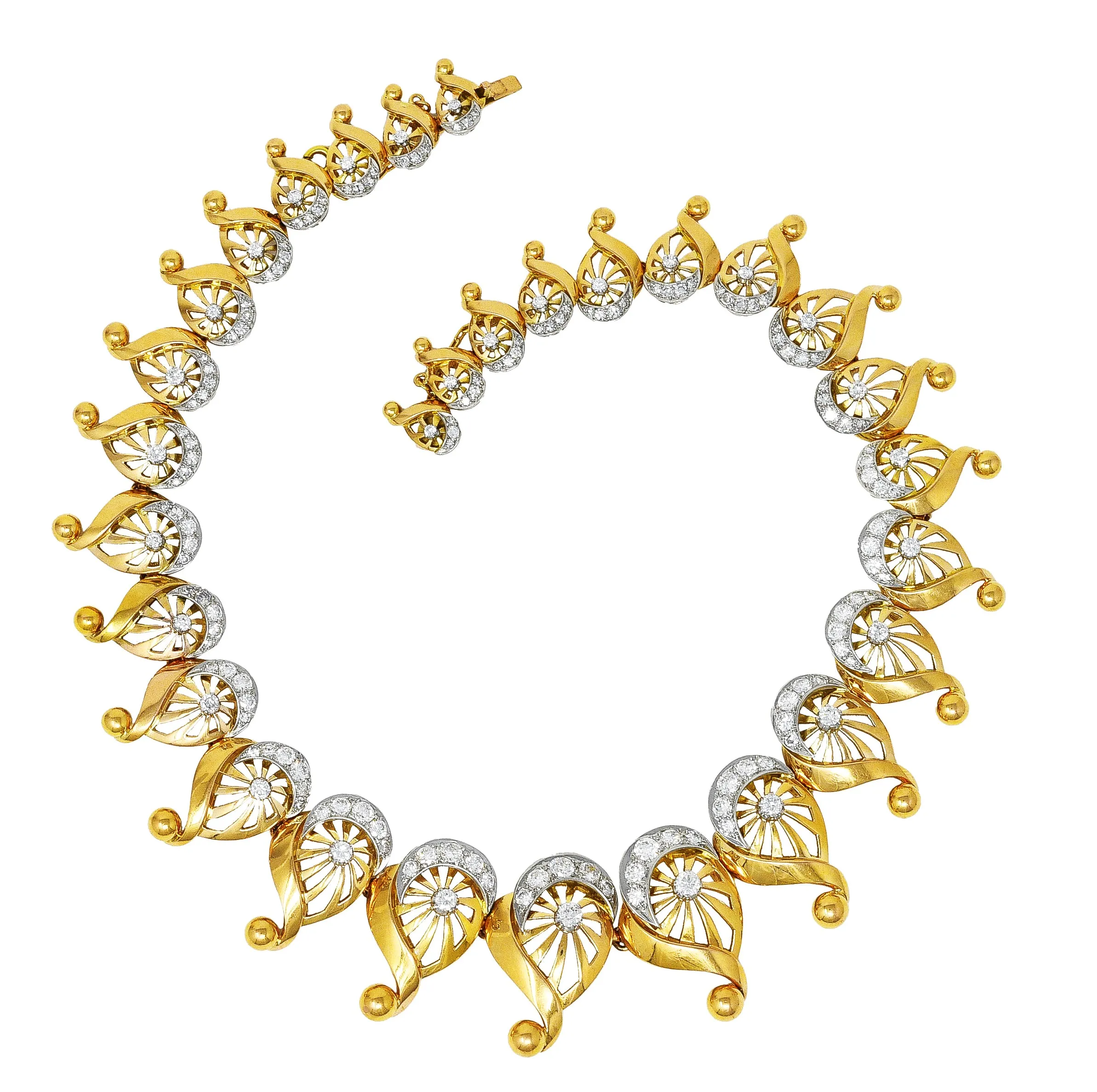 Modernist 1950's 10.00 CTW Diamond 18 Karat Yellow Gold Linked Collar Necklace