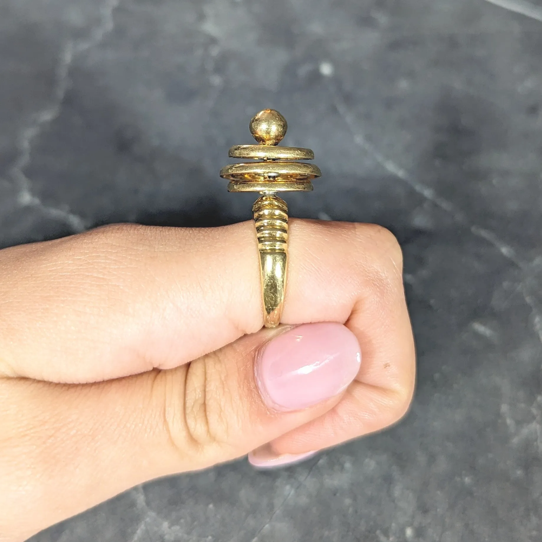 Modernist 1960's 18 Karat Yellow Gold Kinetic Spinning Vintage Fidget Statement Ring