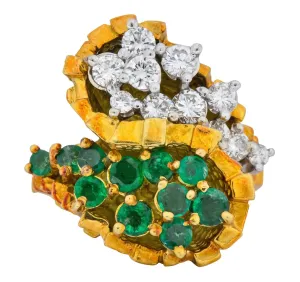 Modernist 2.20 CTW Diamond Emerald 18 Karat Gold Bypass Cocktail Ring