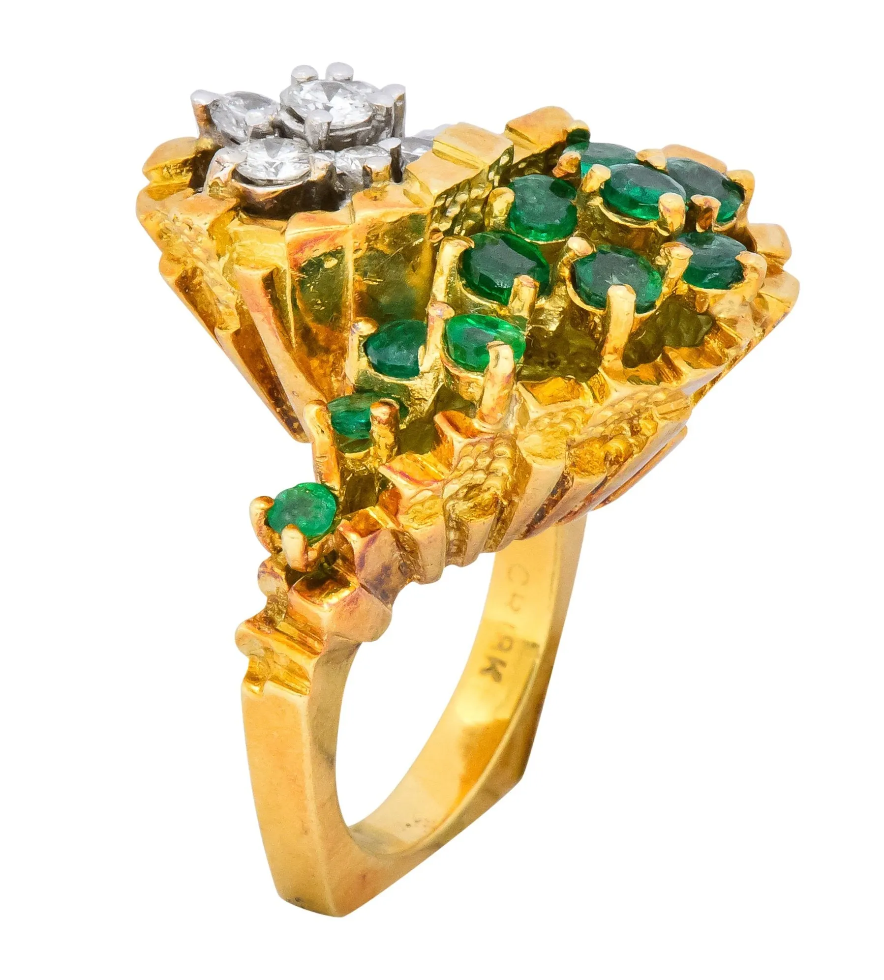 Modernist 2.20 CTW Diamond Emerald 18 Karat Gold Bypass Cocktail Ring