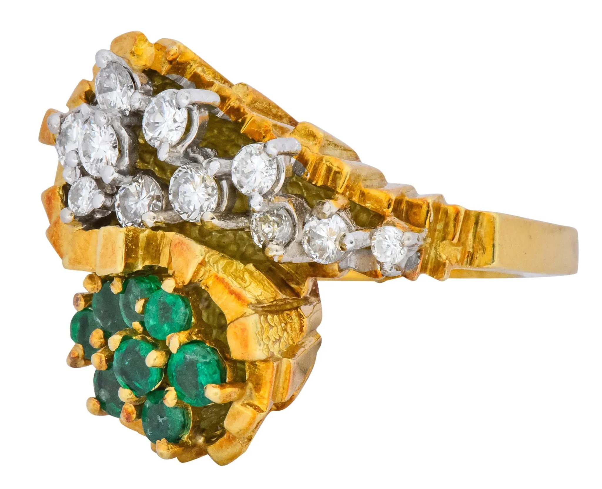 Modernist 2.20 CTW Diamond Emerald 18 Karat Gold Bypass Cocktail Ring