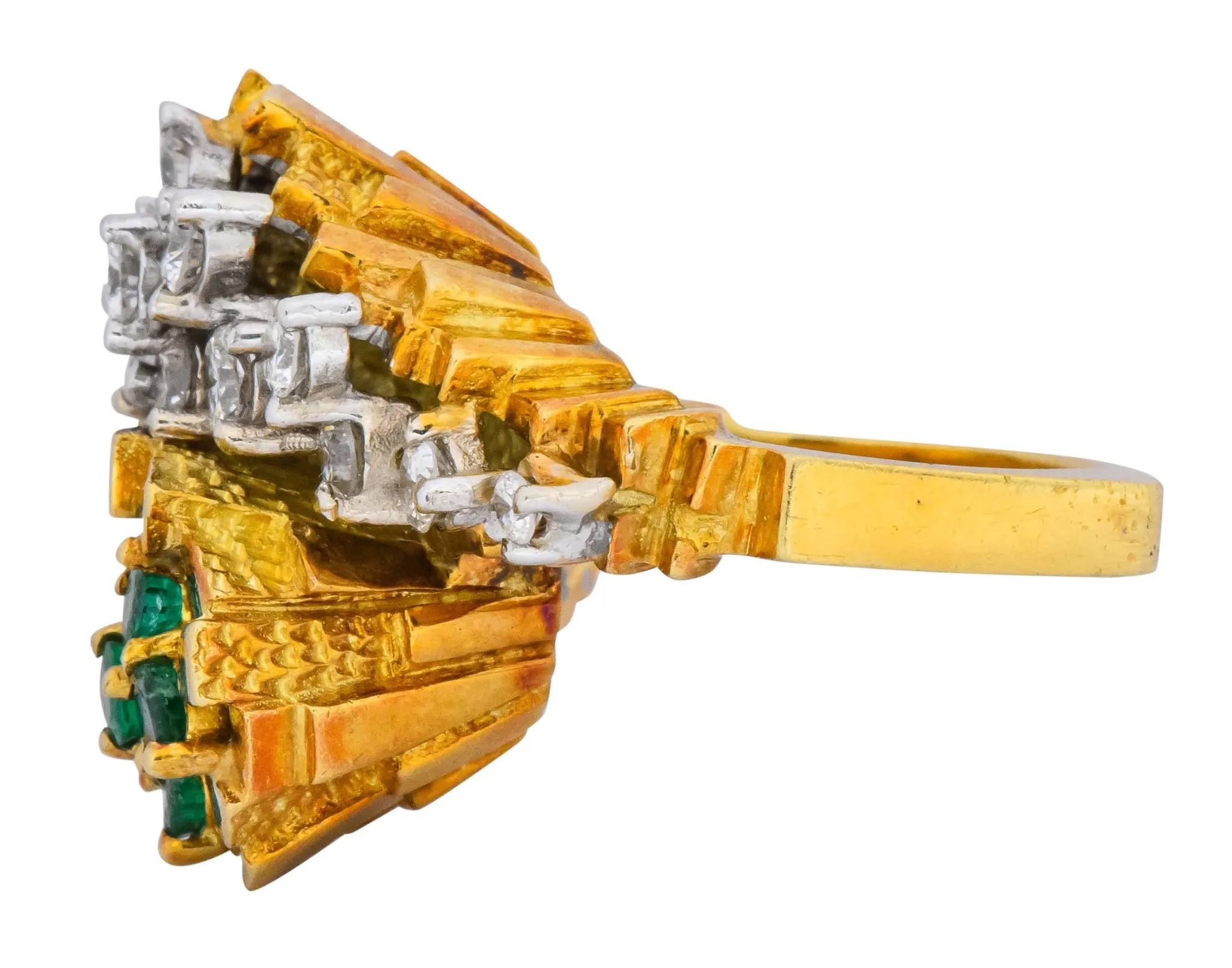 Modernist 2.20 CTW Diamond Emerald 18 Karat Gold Bypass Cocktail Ring