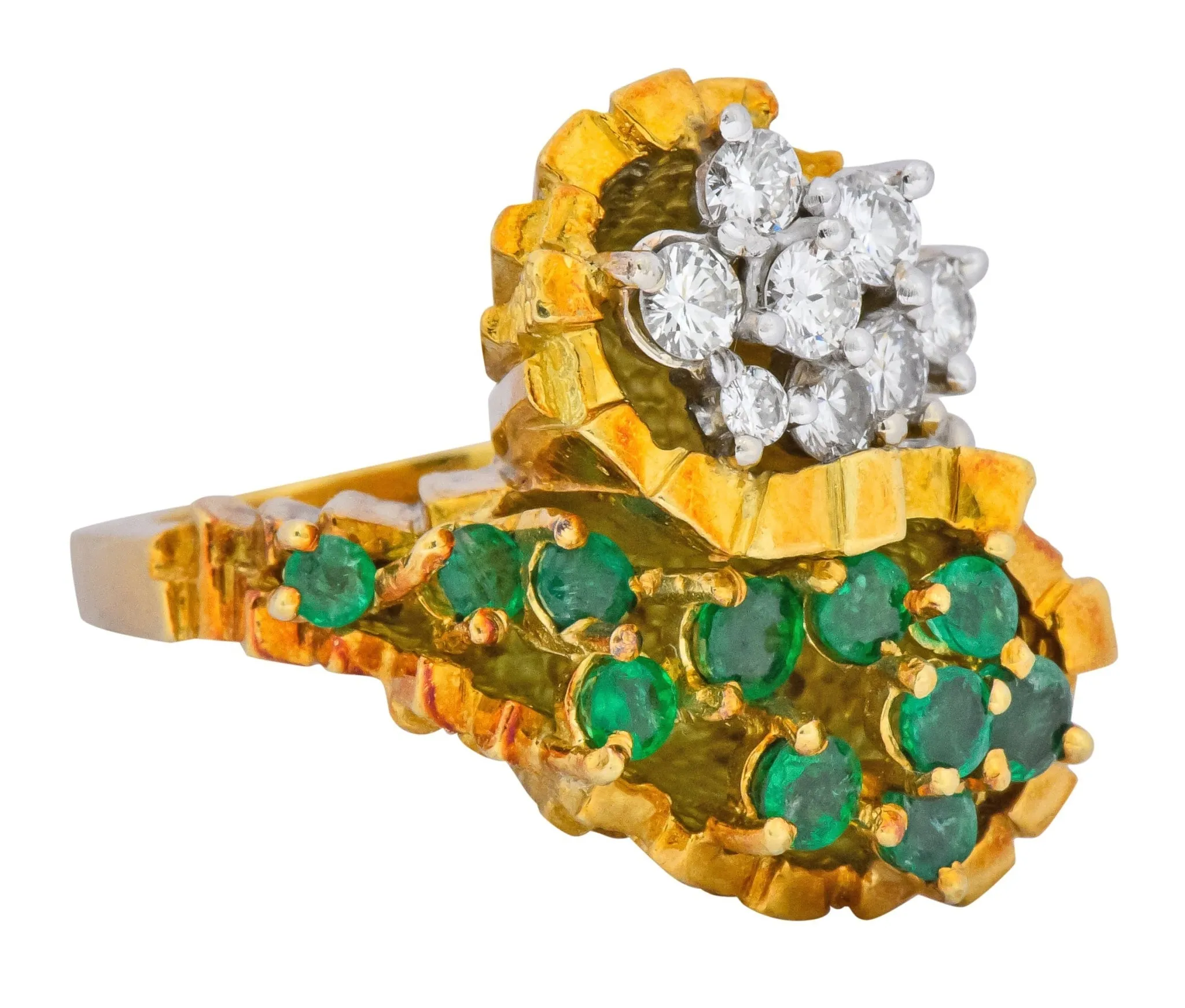 Modernist 2.20 CTW Diamond Emerald 18 Karat Gold Bypass Cocktail Ring