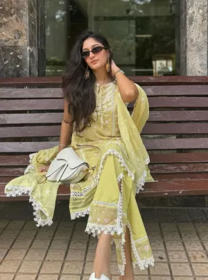 Mulmul Organza Simin Lime Kurta With Mulmul Cotton Simin Lime pant