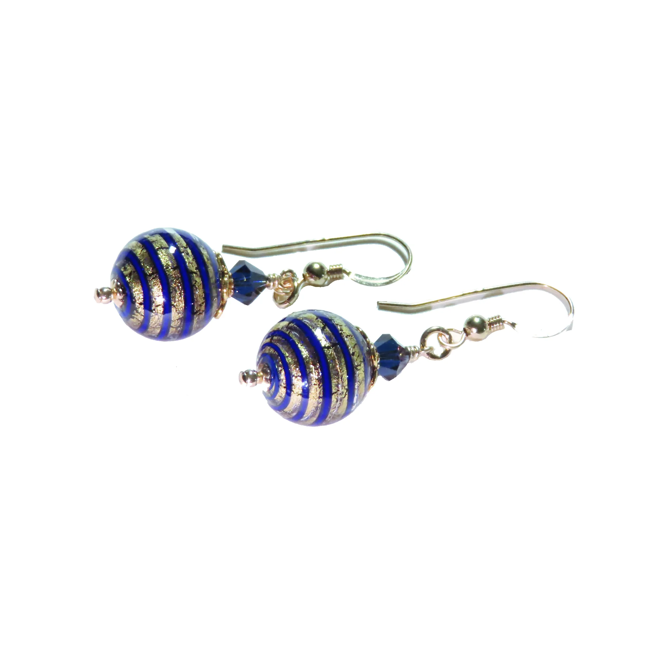 Murano Glass Cobalt Blue Stripes Ball Gold Earrings