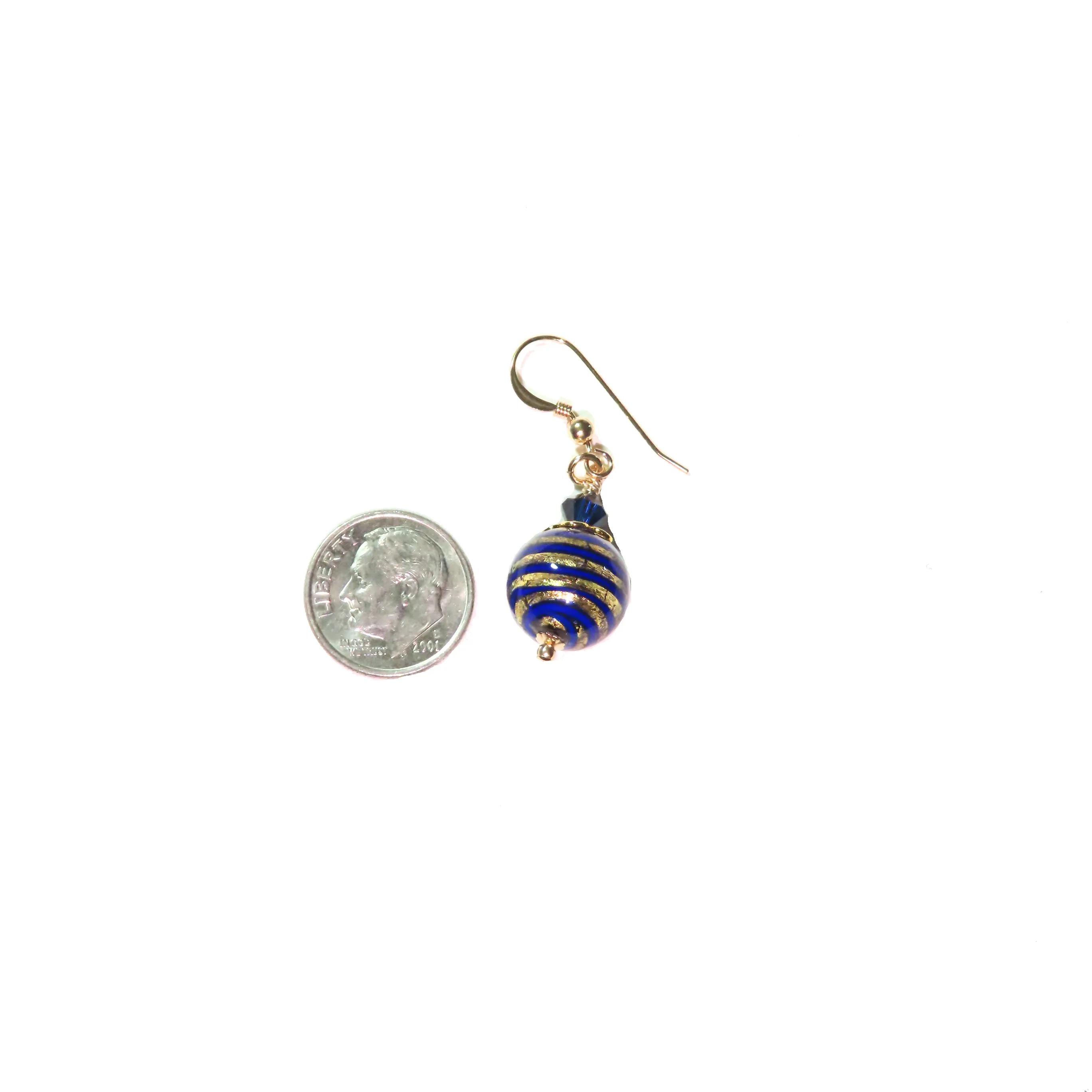 Murano Glass Cobalt Blue Stripes Ball Gold Earrings