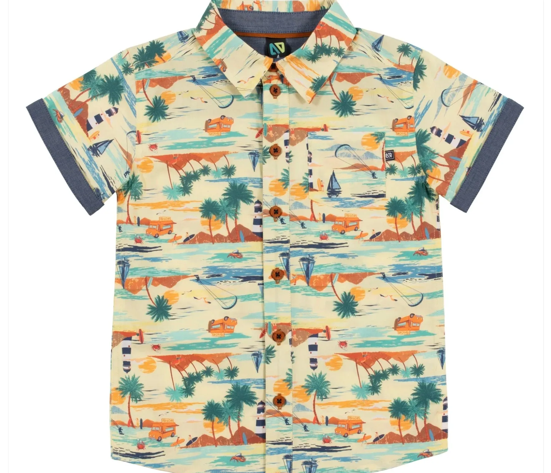 Nano Short Sleeved Tropical Print Button Down Shirt: Size 2 to 14 Years