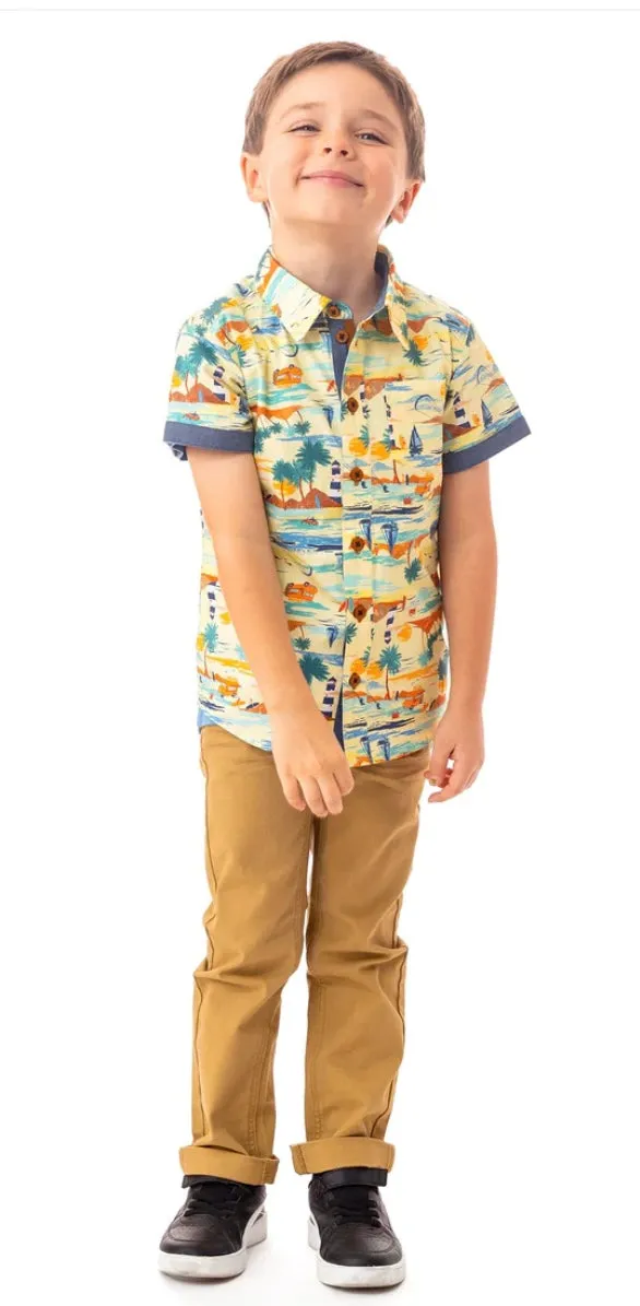 Nano Short Sleeved Tropical Print Button Down Shirt: Size 2 to 14 Years