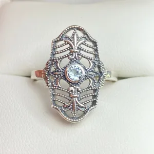 Natural Blue Topaz Ring, Size 7, Fleur de Lis Jewelry, Art Deco Vintage Jewelry #D216 - Ready to Ship