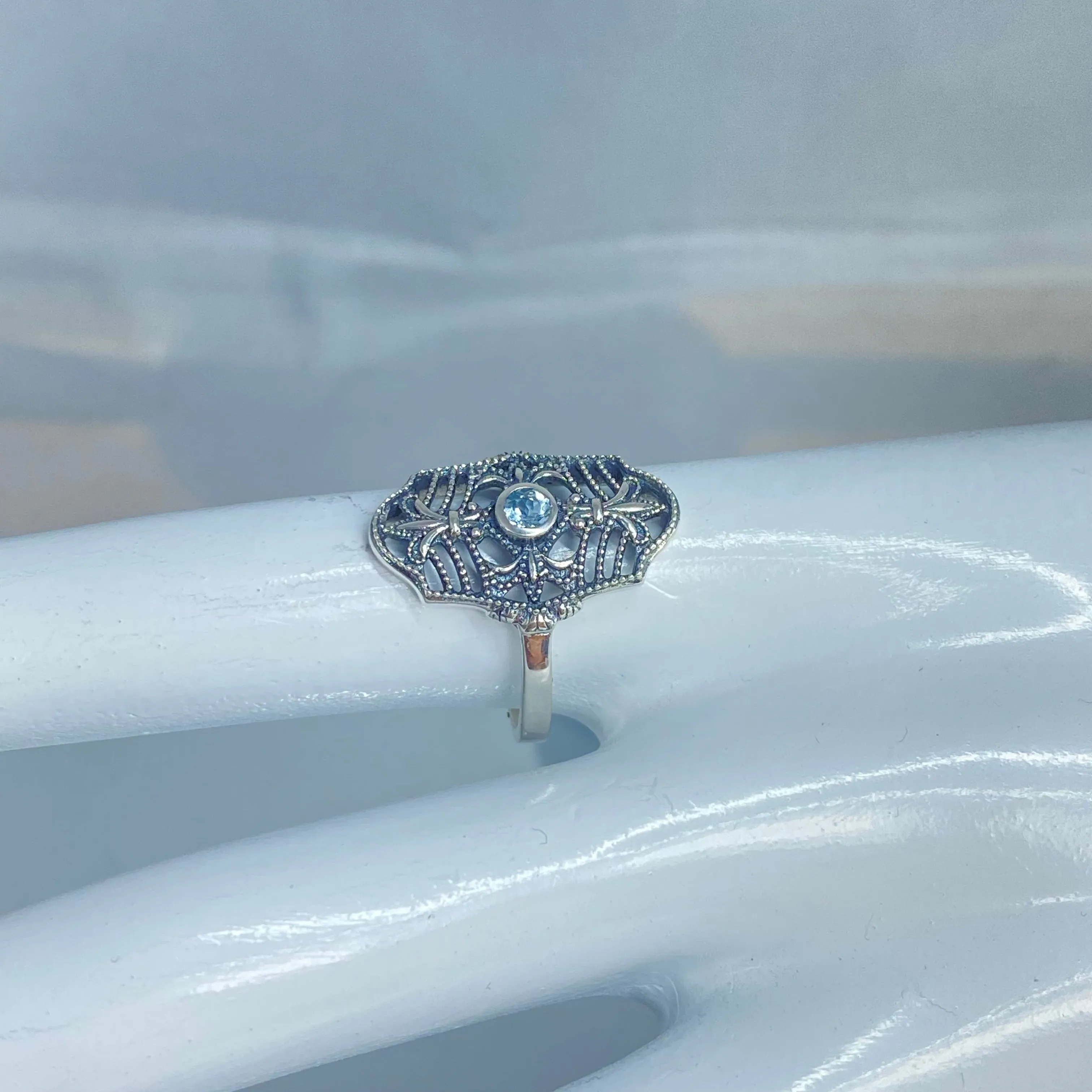 Natural Blue Topaz Ring, Size 7, Fleur de Lis Jewelry, Art Deco Vintage Jewelry #D216 - Ready to Ship