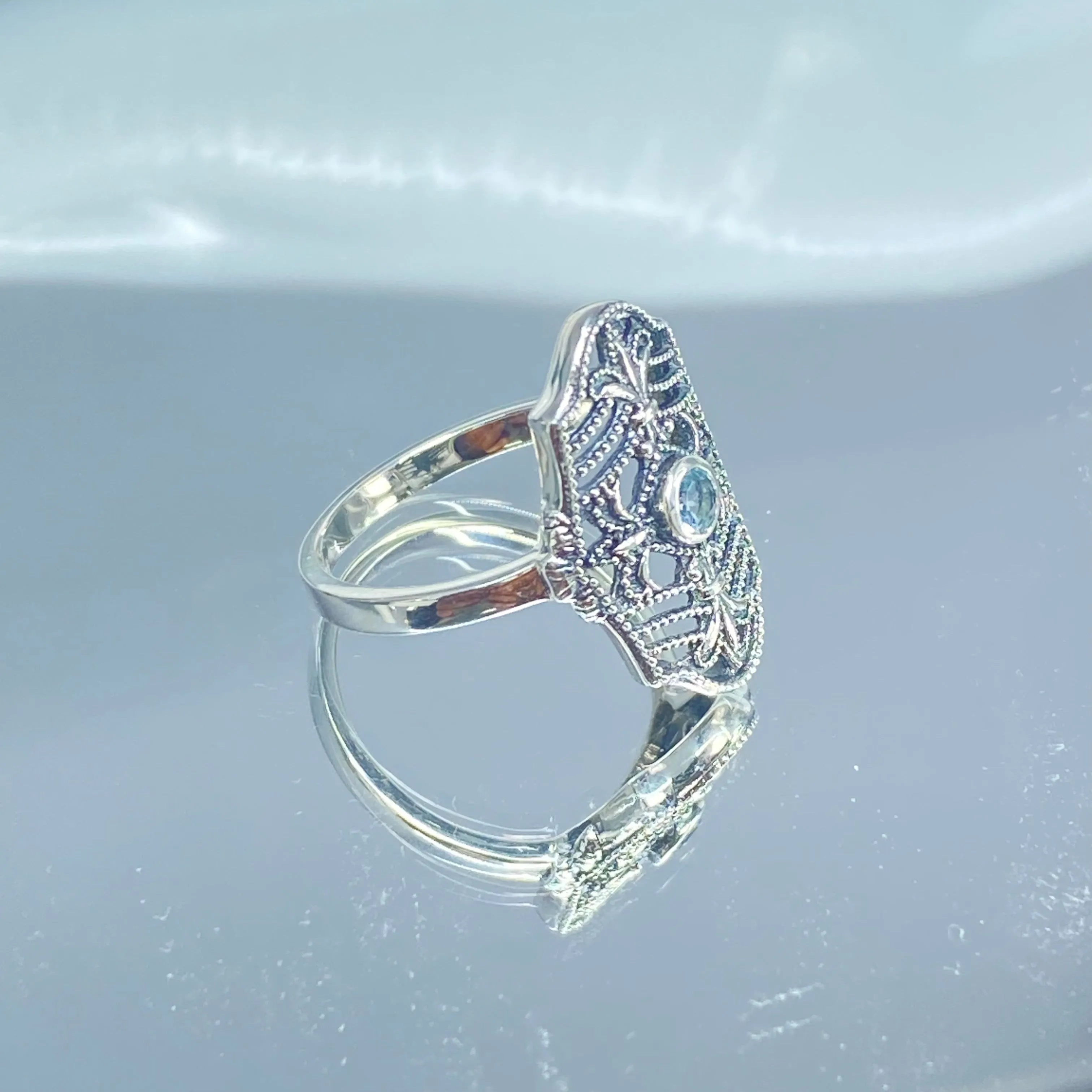 Natural Blue Topaz Ring, Size 7, Fleur de Lis Jewelry, Art Deco Vintage Jewelry #D216 - Ready to Ship