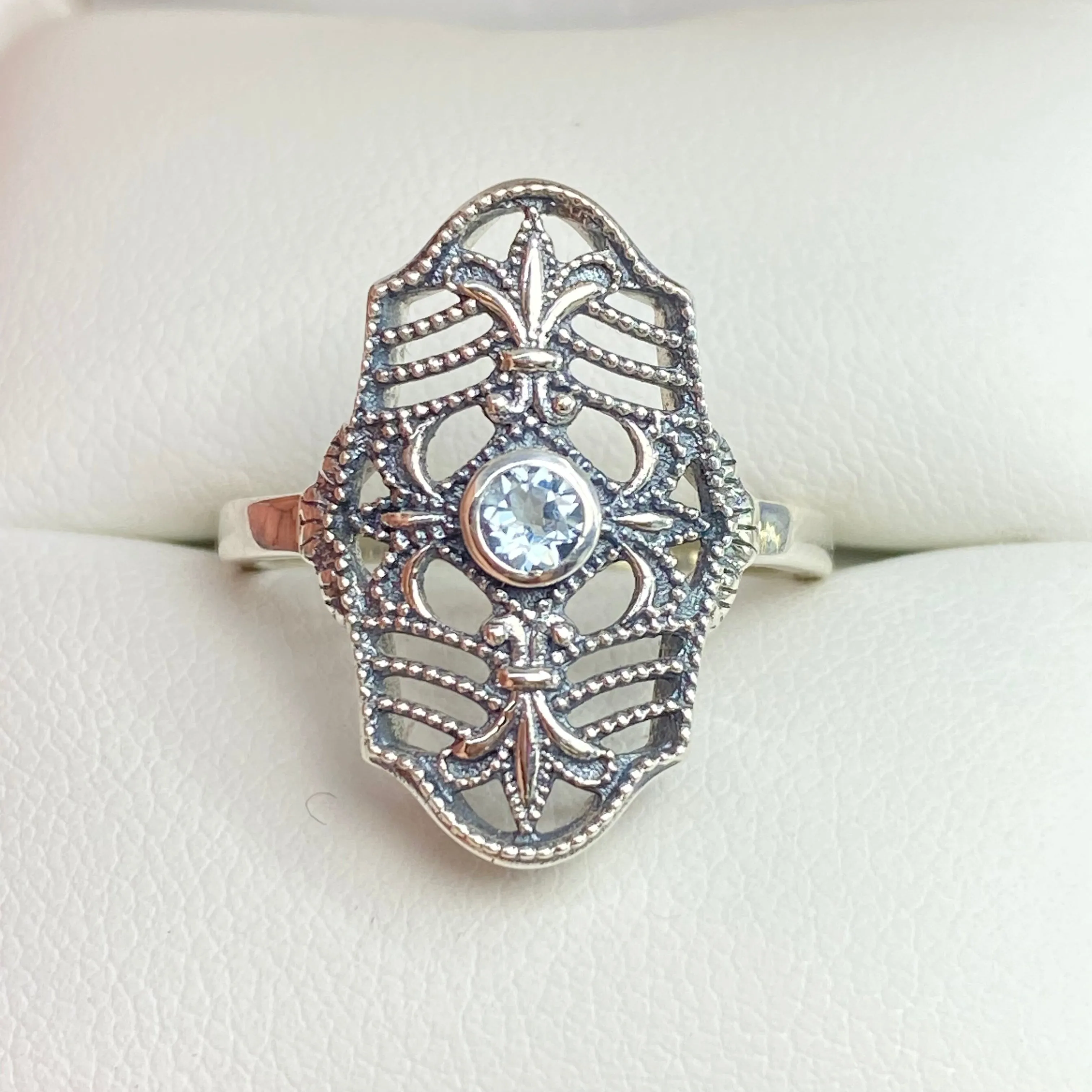 Natural Blue Topaz Ring, Size 7, Fleur de Lis Jewelry, Art Deco Vintage Jewelry #D216 - Ready to Ship