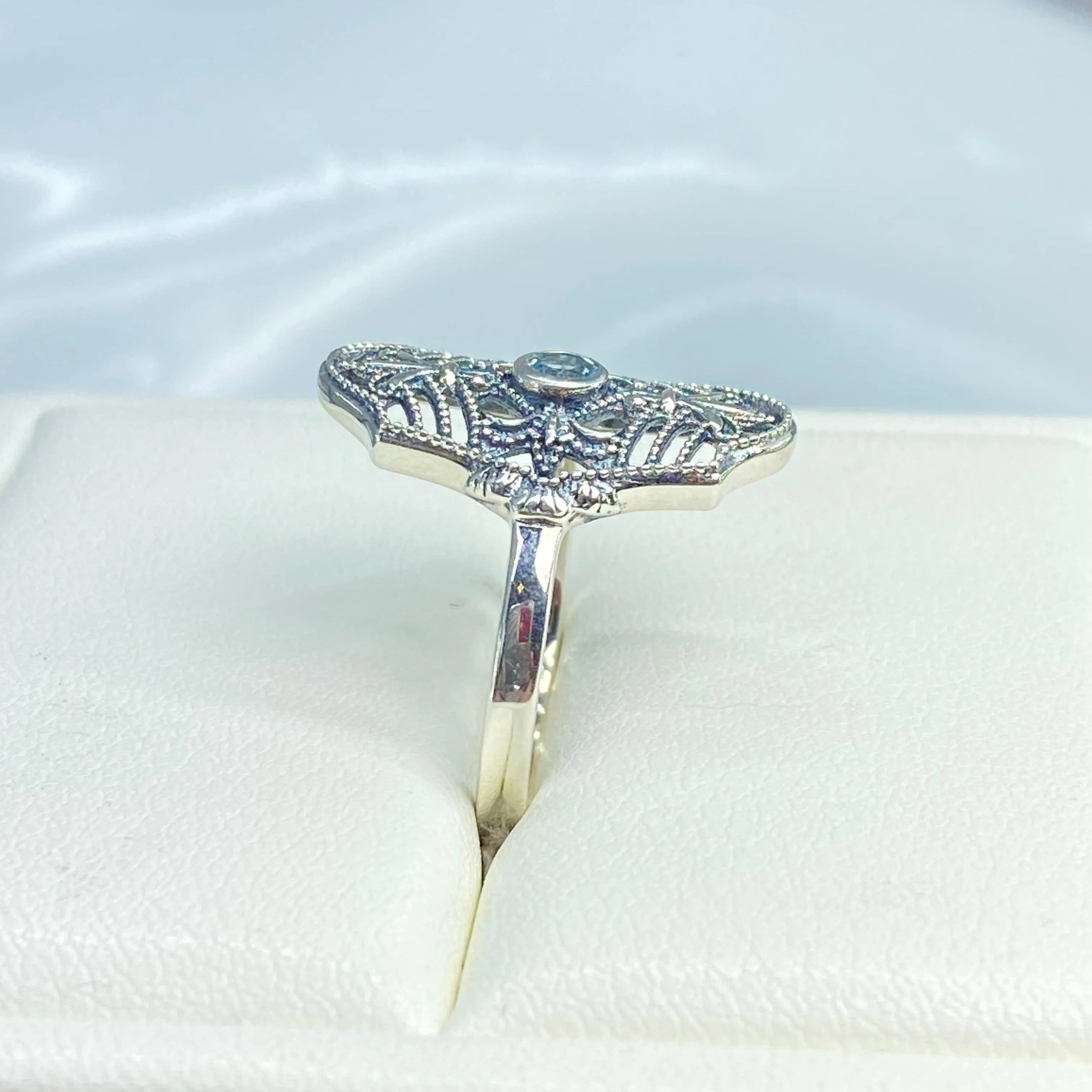 Natural Blue Topaz Ring, Size 7, Fleur de Lis Jewelry, Art Deco Vintage Jewelry #D216 - Ready to Ship