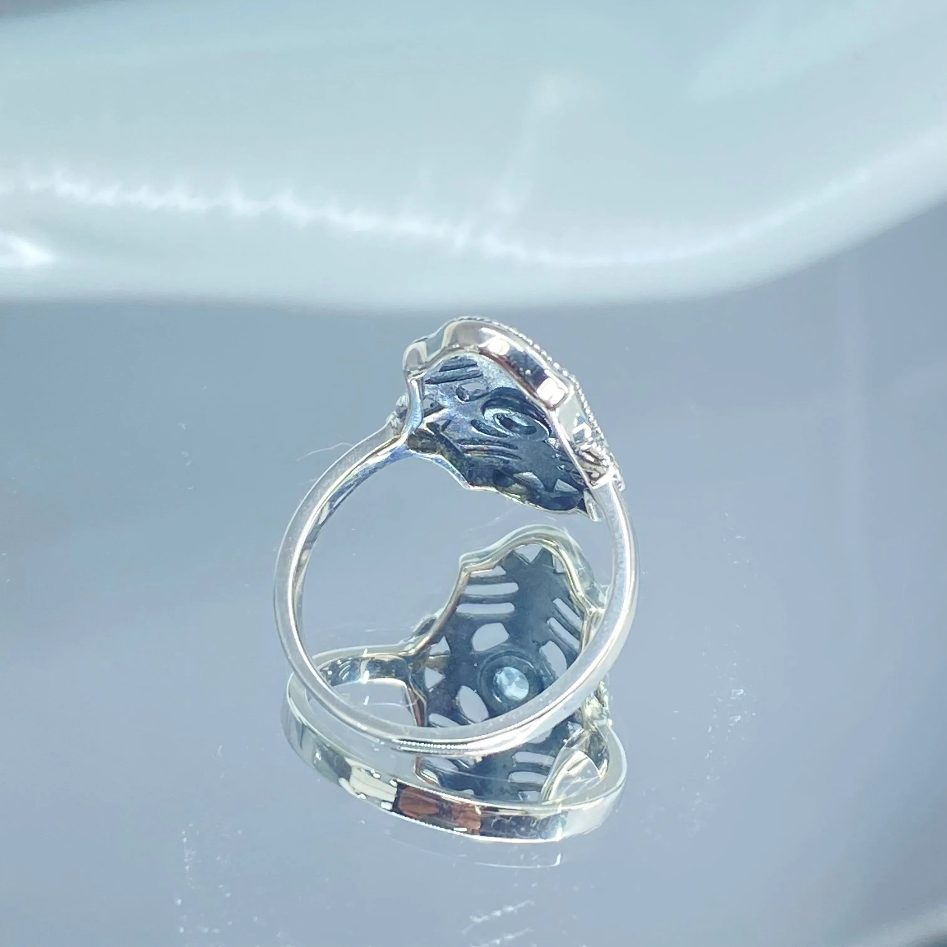 Natural Blue Topaz Ring, Size 7, Fleur de Lis Jewelry, Art Deco Vintage Jewelry #D216 - Ready to Ship