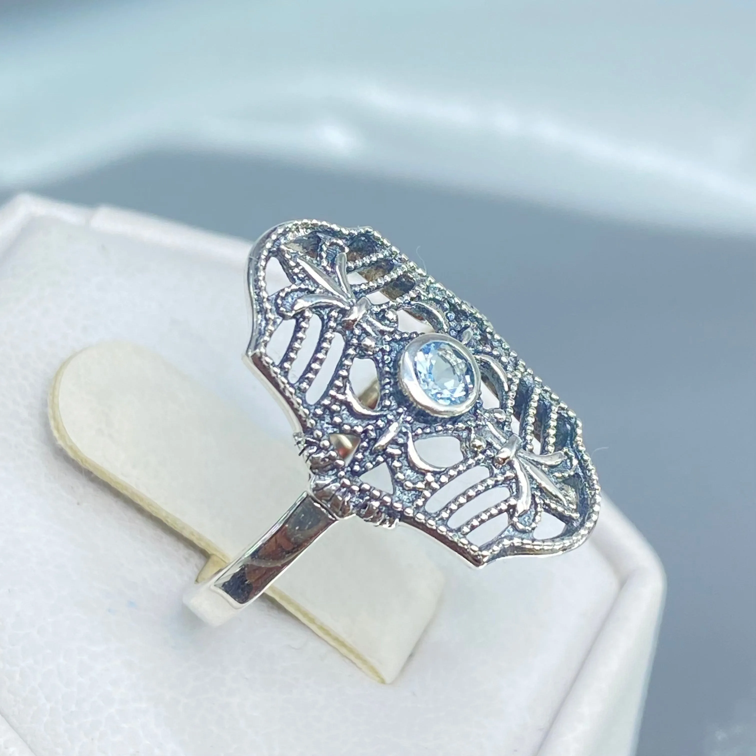 Natural Blue Topaz Ring, Size 7, Fleur de Lis Jewelry, Art Deco Vintage Jewelry #D216 - Ready to Ship