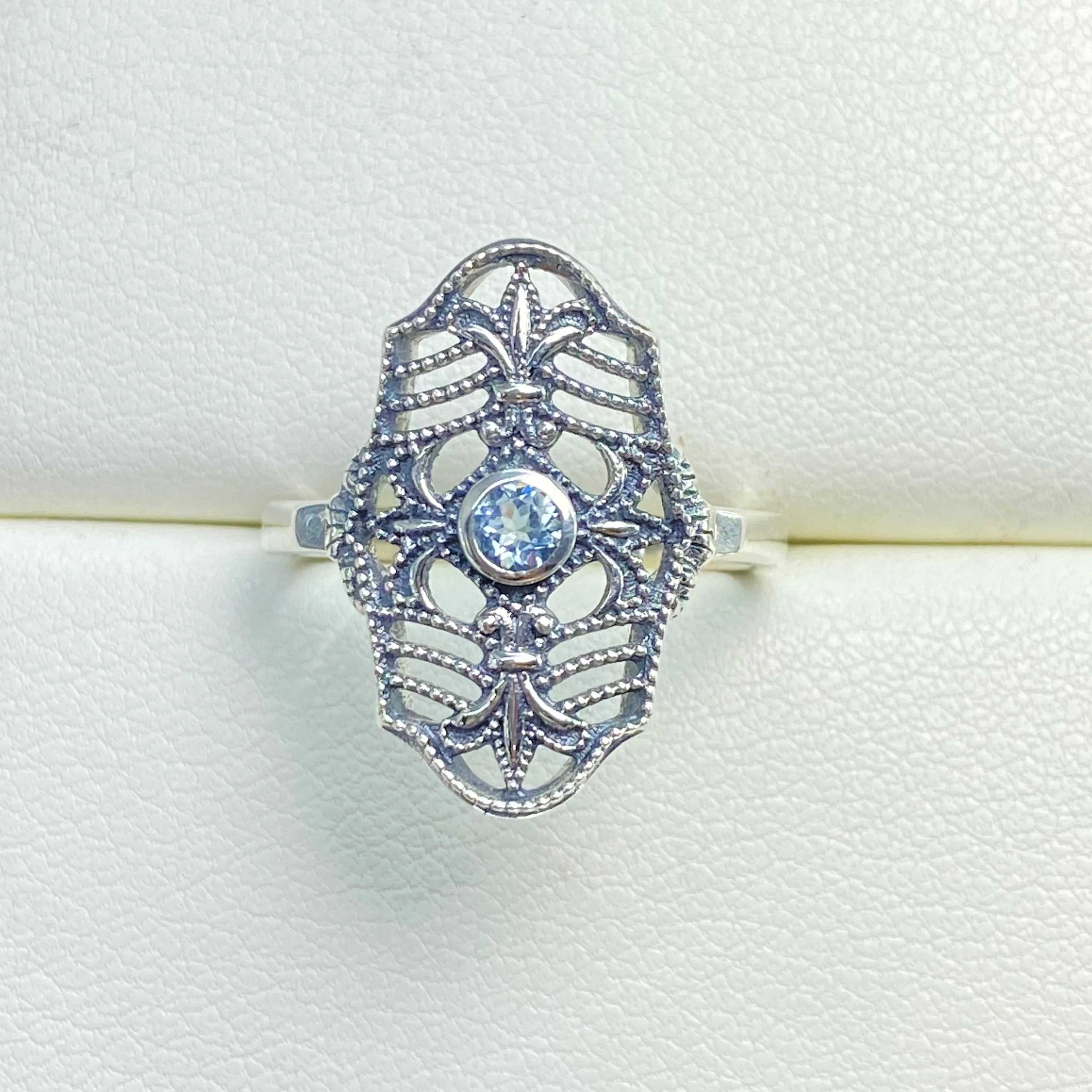 Natural Blue Topaz Ring, Size 7, Fleur de Lis Jewelry, Art Deco Vintage Jewelry #D216 - Ready to Ship