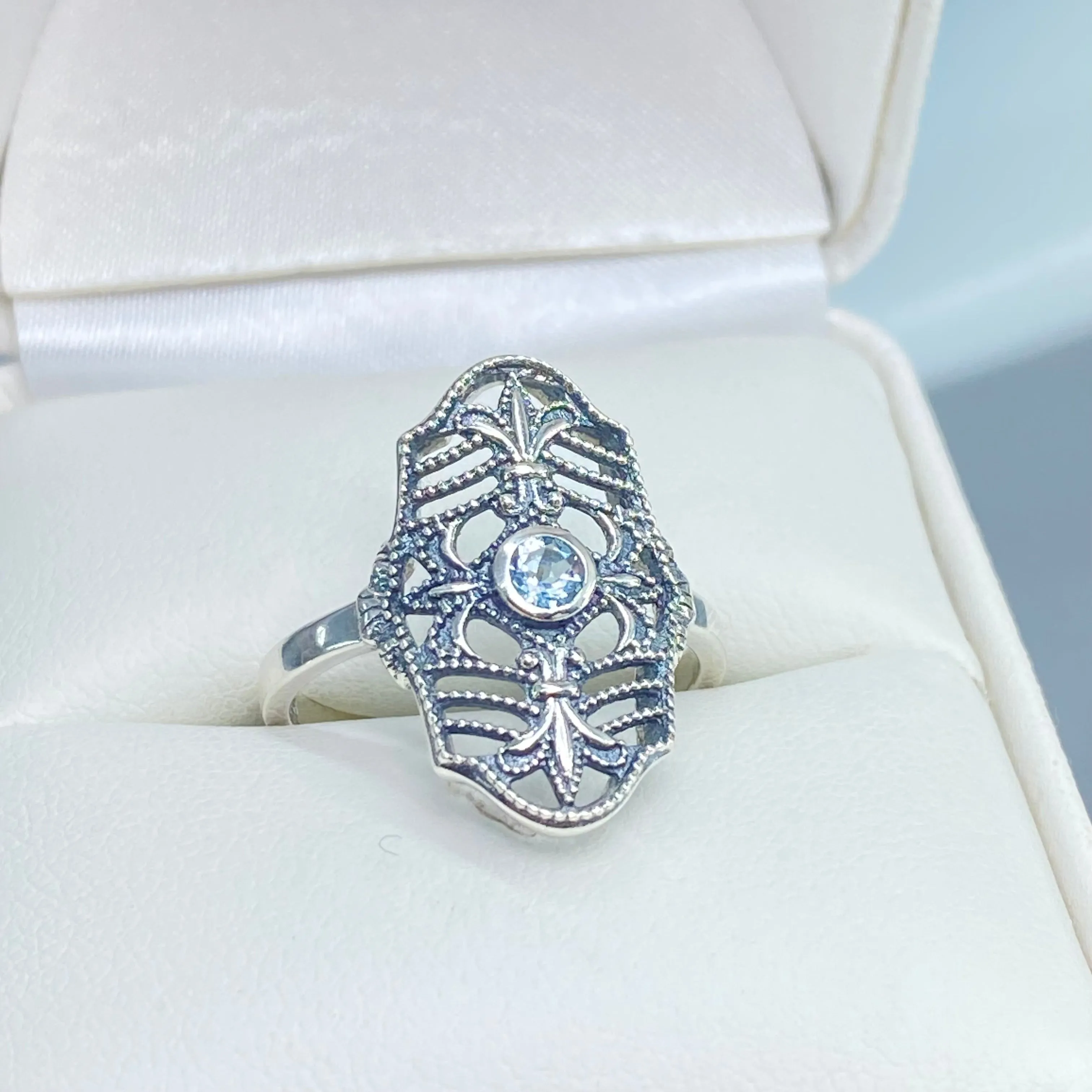 Natural Blue Topaz Ring, Size 7, Fleur de Lis Jewelry, Art Deco Vintage Jewelry #D216 - Ready to Ship