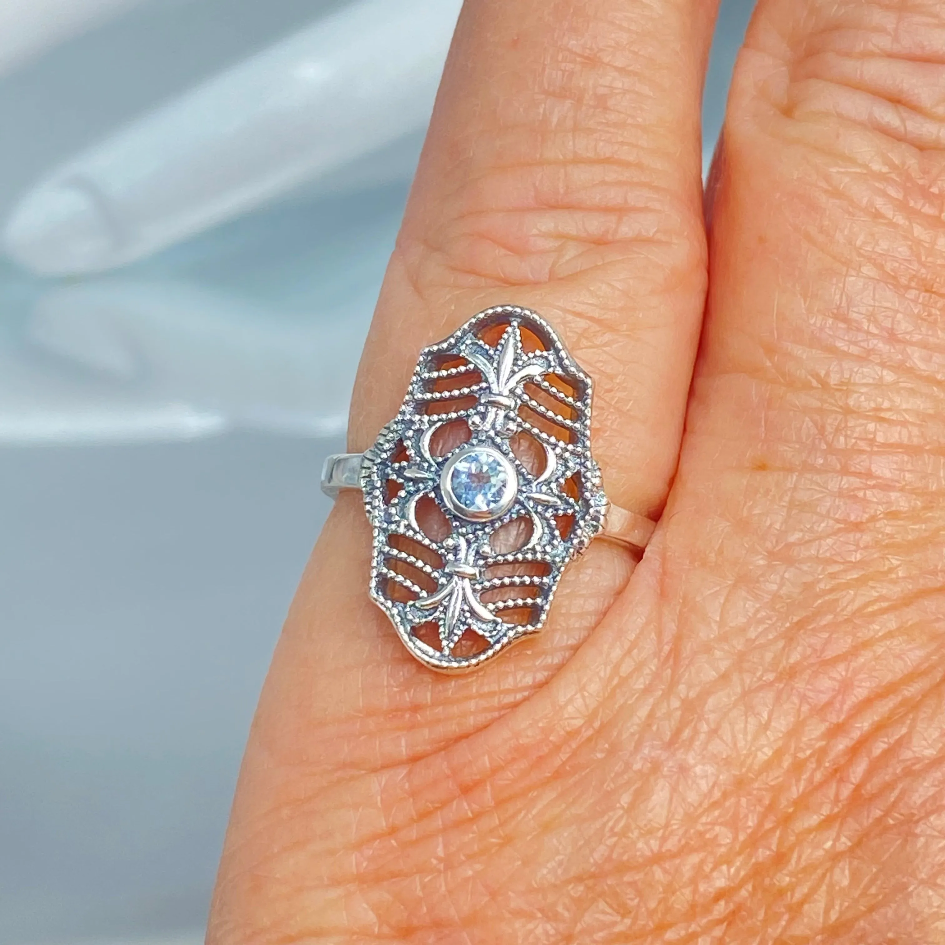 Natural Blue Topaz Ring, Size 7, Fleur de Lis Jewelry, Art Deco Vintage Jewelry #D216 - Ready to Ship