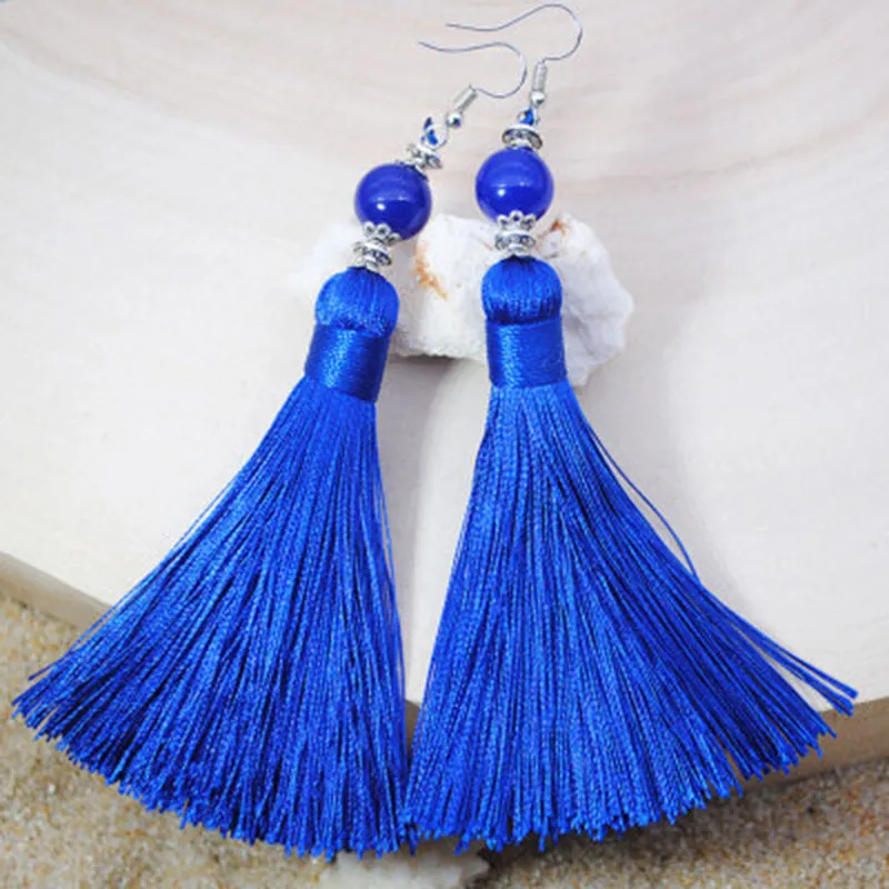 Natural Stone Bead Earrings Jewelry National Retro Cotton Line Long Tassel