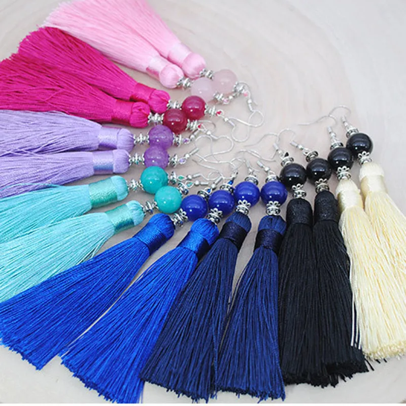 Natural Stone Bead Earrings Jewelry National Retro Cotton Line Long Tassel