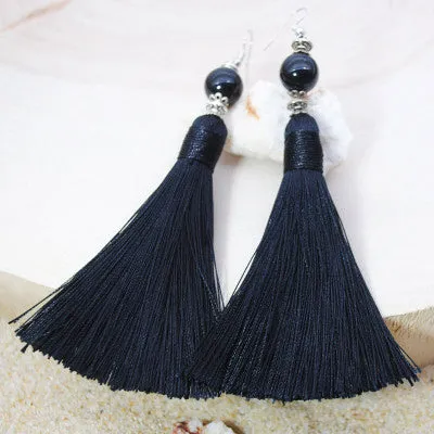 Natural Stone Bead Earrings Jewelry National Retro Cotton Line Long Tassel