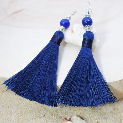 Natural Stone Bead Earrings Jewelry National Retro Cotton Line Long Tassel