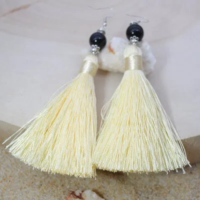 Natural Stone Bead Earrings Jewelry National Retro Cotton Line Long Tassel