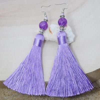 Natural Stone Bead Earrings Jewelry National Retro Cotton Line Long Tassel