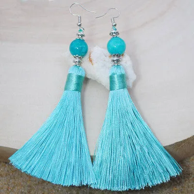 Natural Stone Bead Earrings Jewelry National Retro Cotton Line Long Tassel