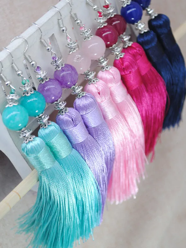 Natural Stone Bead Earrings Jewelry National Retro Cotton Line Long Tassel