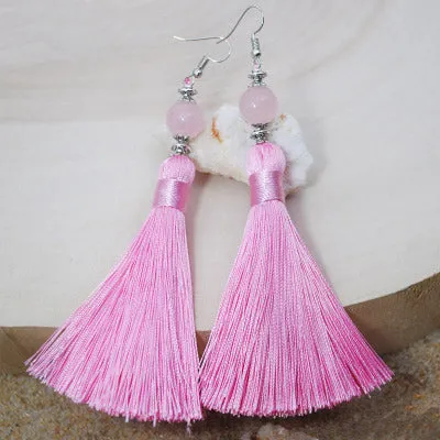Natural Stone Bead Earrings Jewelry National Retro Cotton Line Long Tassel