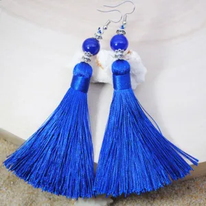 Natural Stone Bead Earrings Jewelry National Retro Cotton Line Long Tassel