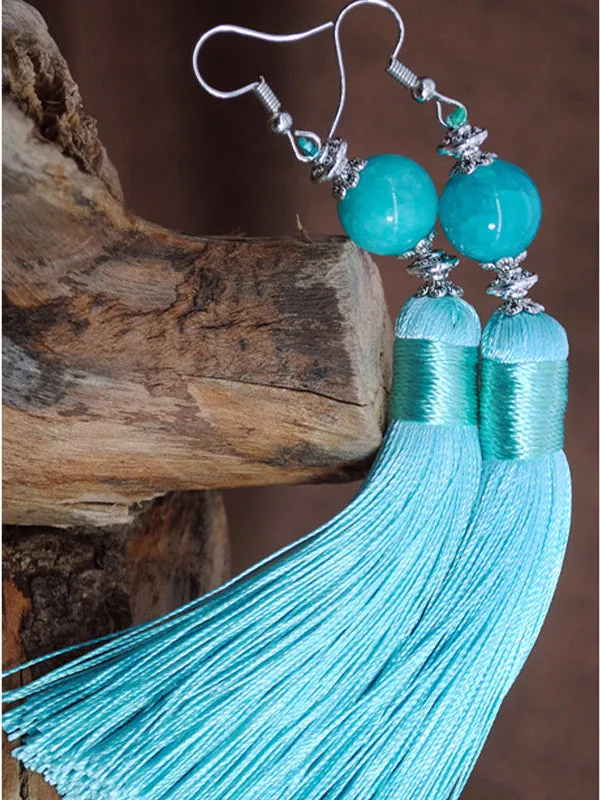 Natural Stone Bead Earrings Jewelry National Retro Cotton Line Long Tassel