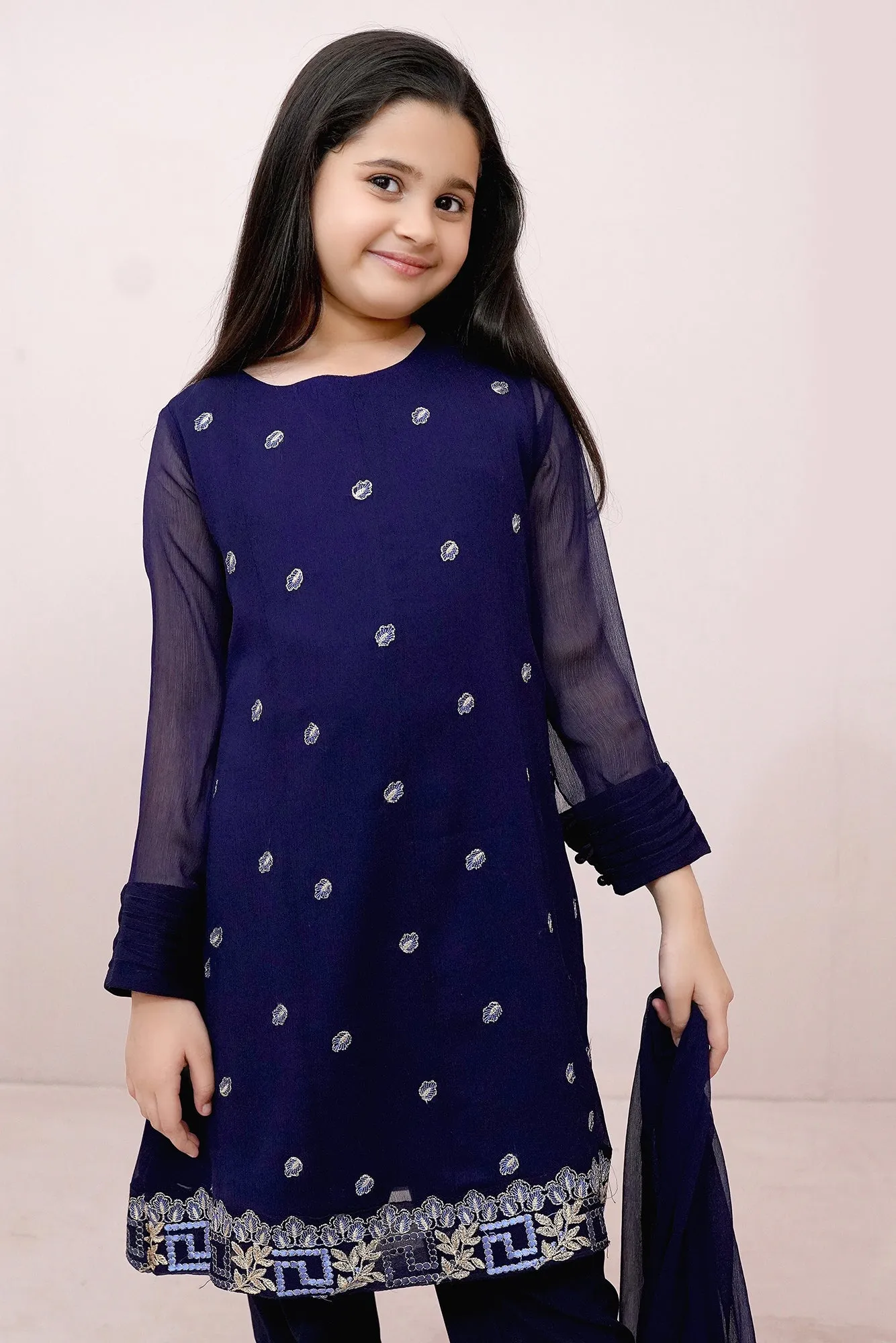 Navy blue Embroidered Chiffon