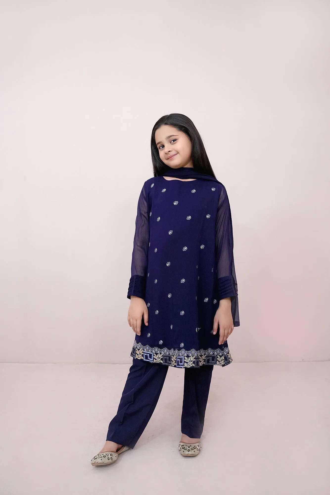 Navy blue Embroidered Chiffon