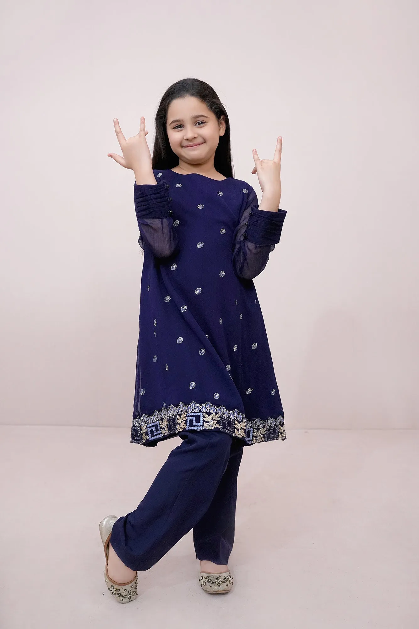 Navy blue Embroidered Chiffon
