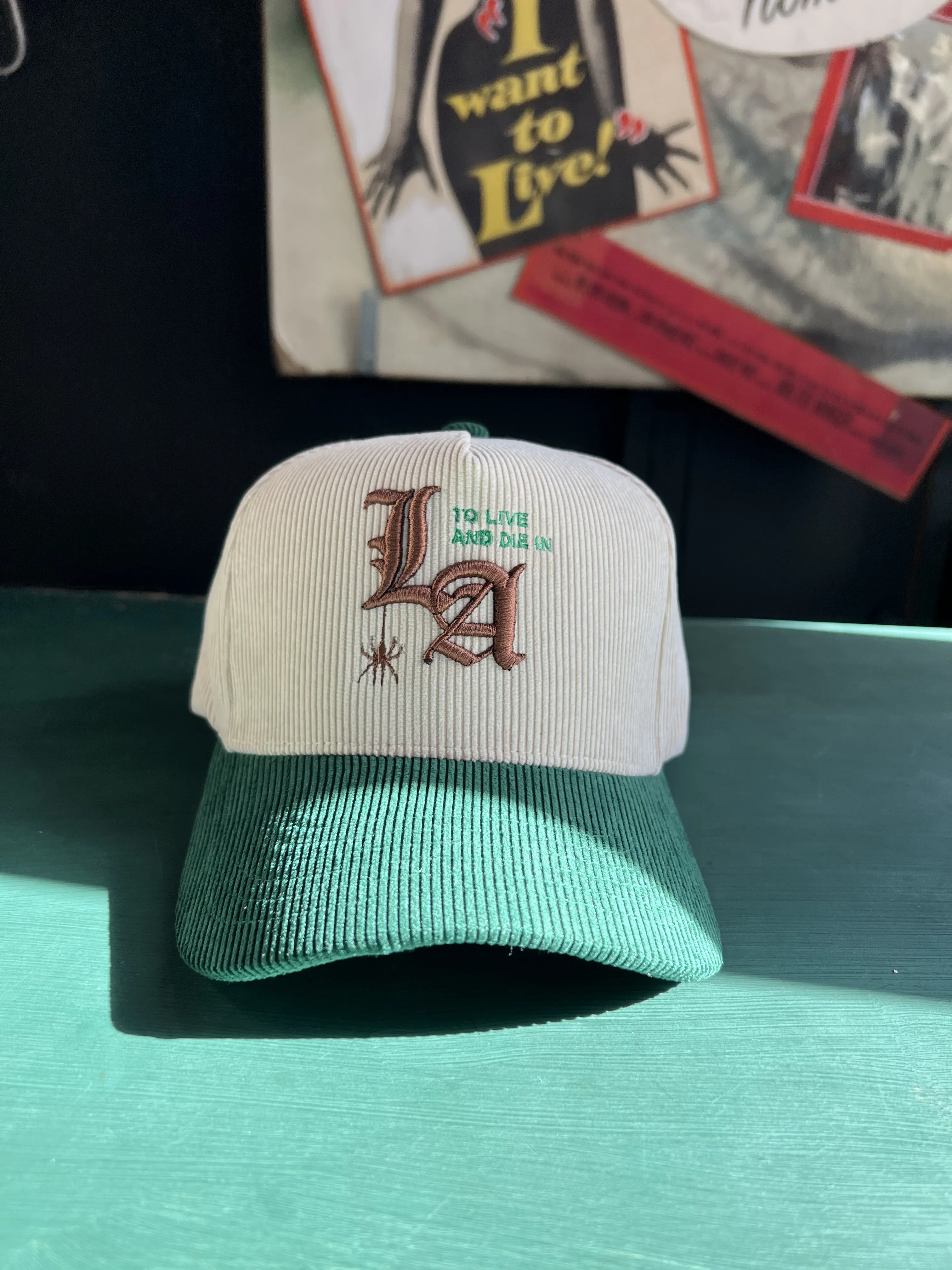 New "To Live and Die in LA"Corduroy Snap Back Cap in Natural/Green