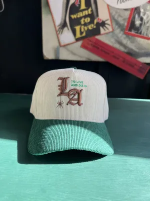 New "To Live and Die in LA"Corduroy Snap Back Cap in Natural/Green