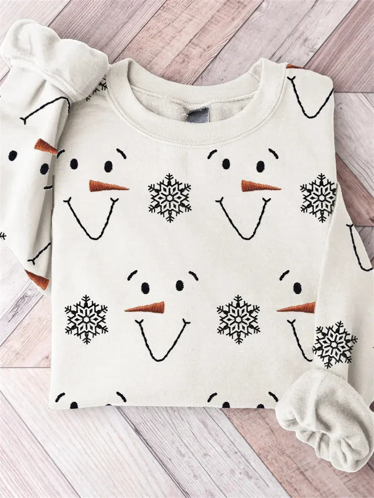 NEW Snowman Faces & Snowflakes Embroidery Pattern Comfy Sweatshirt for Women, Fits like 1XL, Retails $51