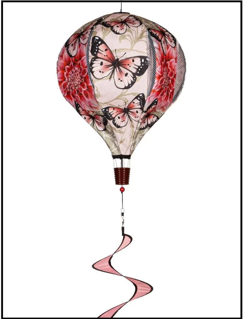NEW Stunning Evergreen Burlap Kinetic ✧ Dahlia & Butterflies ✧ Hot Air Balloon Spinner! Great visual appeal as they rotate in the wind