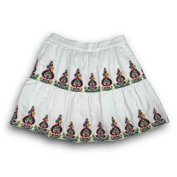 NWT BODEN Tiered Embroidered Linen Mini Skirt White Multi Folk Art Preppy Boho