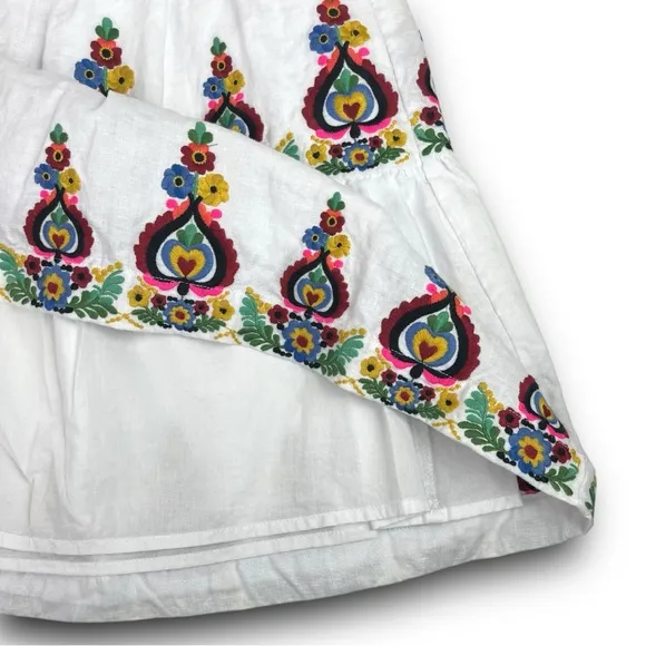 NWT BODEN Tiered Embroidered Linen Mini Skirt White Multi Folk Art Preppy Boho