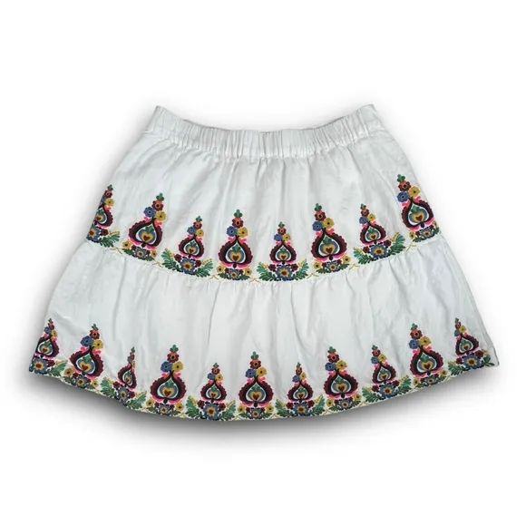 NWT BODEN Tiered Embroidered Linen Mini Skirt White Multi Folk Art Preppy Boho
