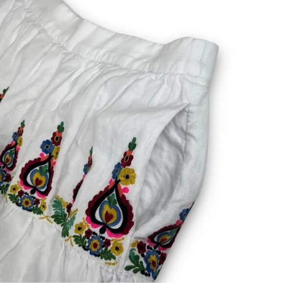 NWT BODEN Tiered Embroidered Linen Mini Skirt White Multi Folk Art Preppy Boho