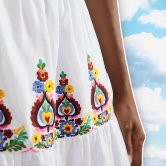 NWT BODEN Tiered Embroidered Linen Mini Skirt White Multi Folk Art Preppy Boho