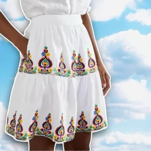 NWT BODEN Tiered Embroidered Linen Mini Skirt White Multi Folk Art Preppy Boho