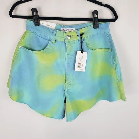 NWT WeWoreWhat Twill Flare Bell Tie Dye Frayed Hem High Rise Denim Shorts 31