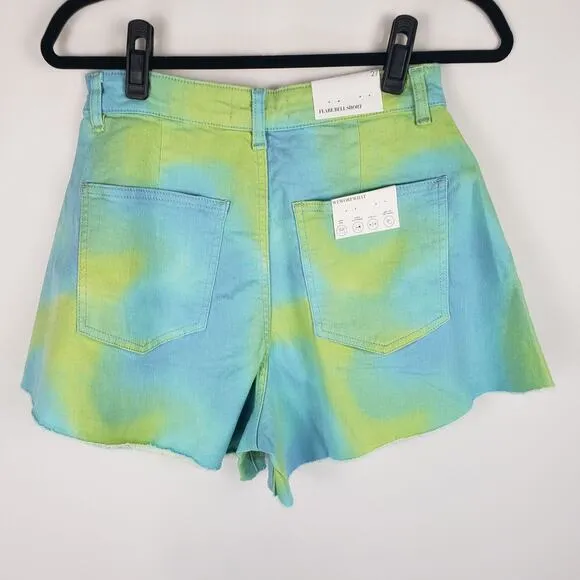 NWT WeWoreWhat Twill Flare Bell Tie Dye Frayed Hem High Rise Denim Shorts 31