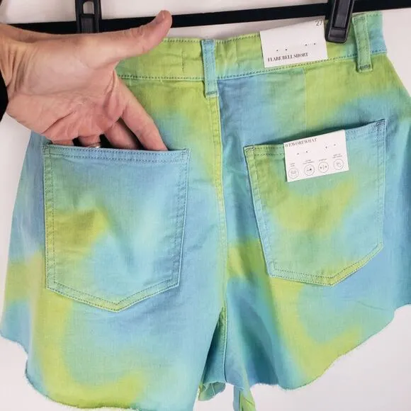 NWT WeWoreWhat Twill Flare Bell Tie Dye Frayed Hem High Rise Denim Shorts 31