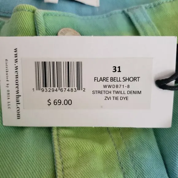 NWT WeWoreWhat Twill Flare Bell Tie Dye Frayed Hem High Rise Denim Shorts 31